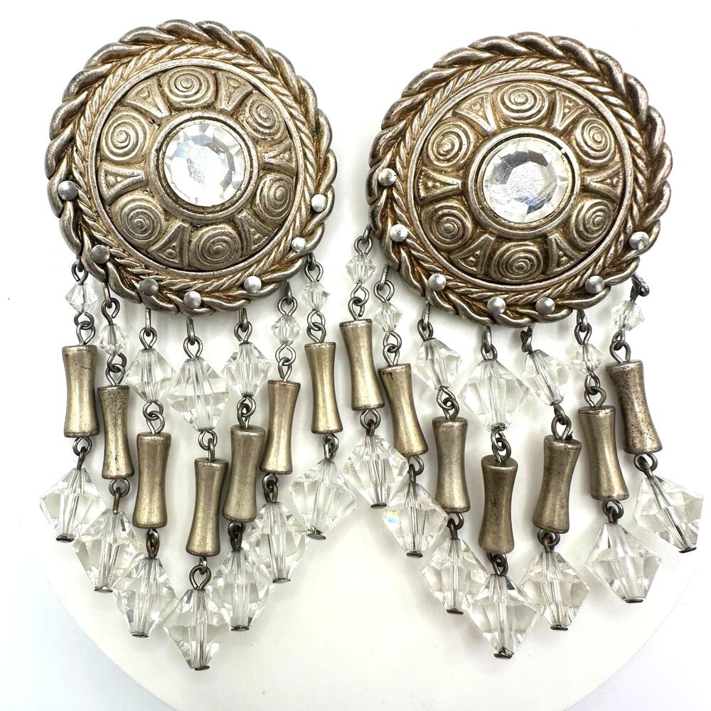 Vintage champagne gold tone clear beaded crystal drops dangle clip on earrings